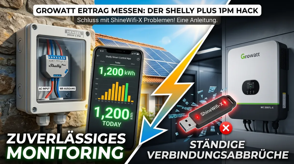 Growatt Wechselrichter Ertrag messen ohne ShineWifi – mein zuverlässiges Setup mit dem Shelly Plus 1PM